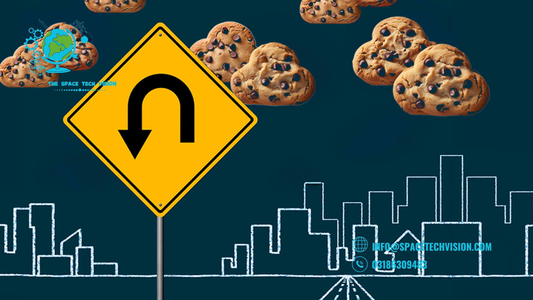 Digital advertising trends with cookies hovering over a modern city skyline, representing Google’s continued use of cookies in 2024–25.